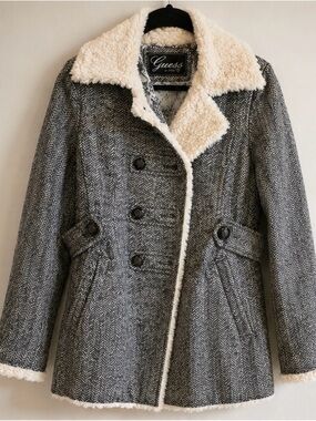 Guess Gray Herringbone Pea Coat with Cream Sherpa Trim